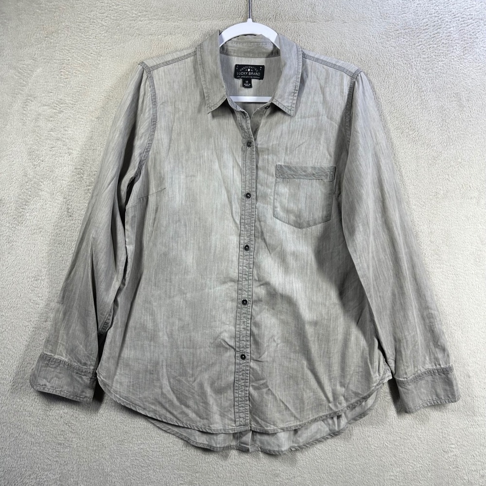 Lucky Brand Button Down Shirt Womens M Grey Cotton Tencel Long Sleeve Chambray